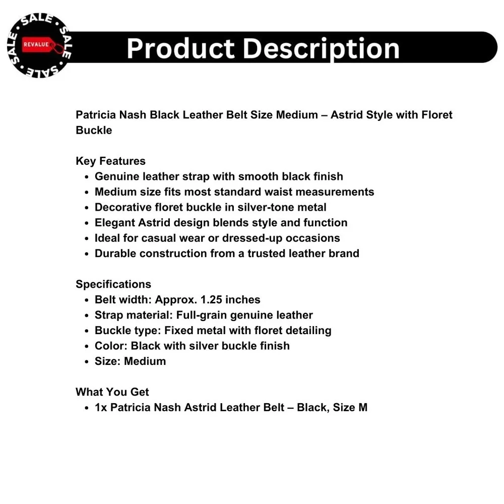 Patricia Nash Black Leather Belt Size Medium – Astrid Style with Floret Buckle